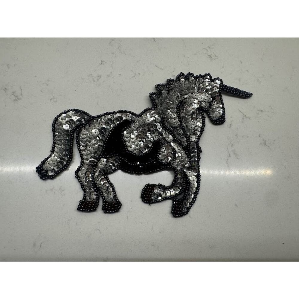 Vintage New Silver Black Unicorn Horse Sequin Appliqué Patch Craft
